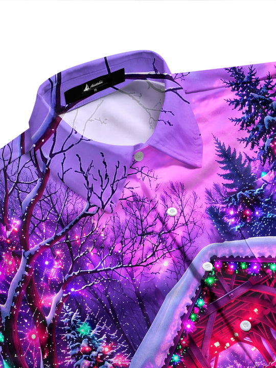 Adaychic Men's Long Sleeve Shirt - Christmas Covered Bridge And Winter Landscape Print with Chest Pocket