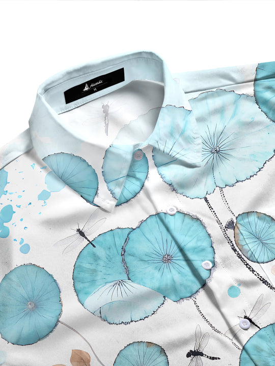 Adaychic Men's Blue Flower Dragonfly Print Long Sleeve Button Down Shirt with Chest Pocket