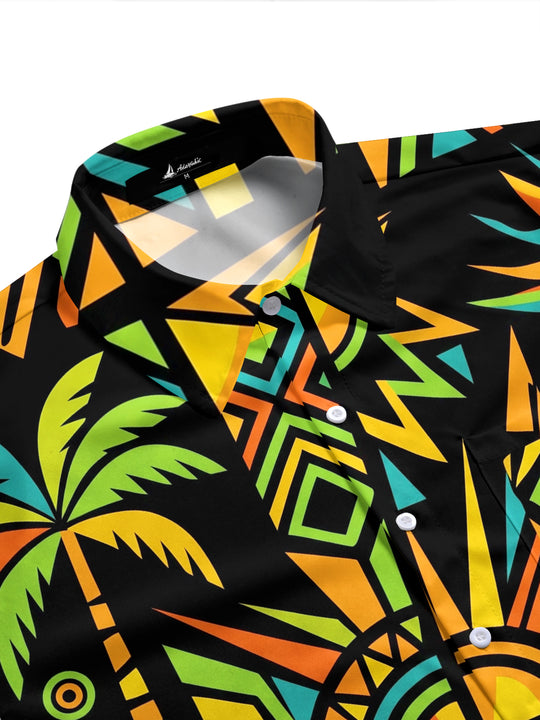Adaychic Men's Hawaiian Geometric Palm Tree Print Short Sleeve Shirt with Chest Pocket