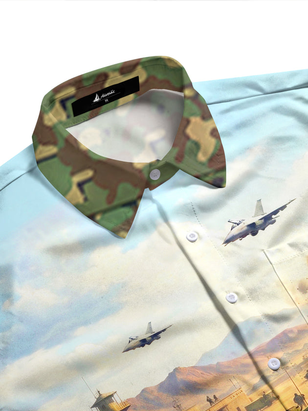 Adaychic Men's Long Sleeve Shirt - Desert Military Base Scene With Truck And Soldiers Print with Chest Pocket