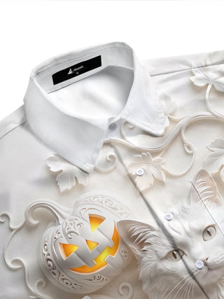 Adaychic Men's Graphic Halloween Pumpkin Print Short Sleeve Shirt with Chest Pocket