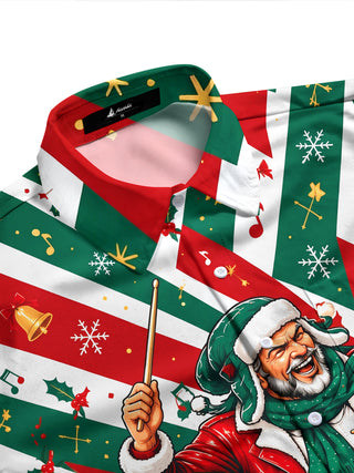 Adaychic Men's Graphic Santa Claus Playing Drum Set Print Long Sleeve Shirt with Chest Pocket
