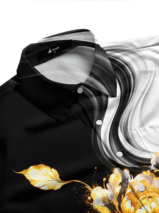 Adaychic Men's Long Sleeve Shirt - Gold Peony Floral With Black And White Swirls Print with Chest Pocket