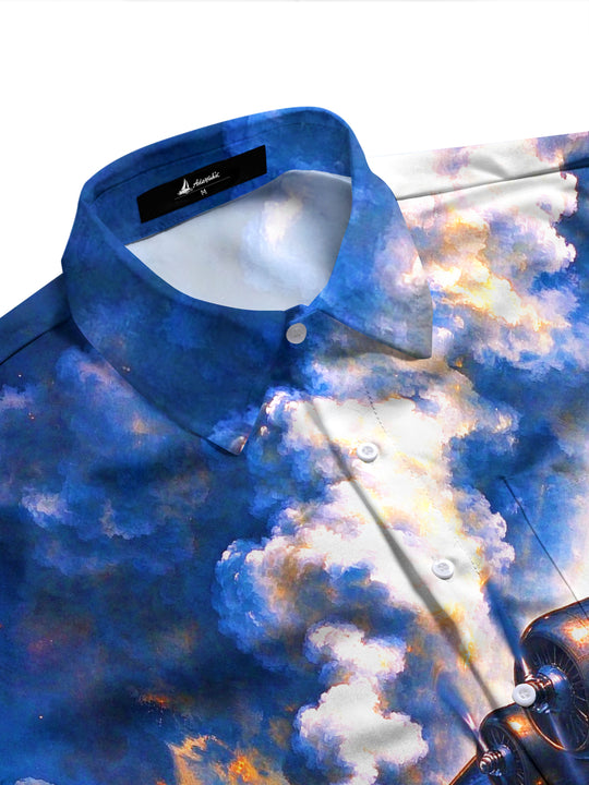 Adaychic Men's Vintage Seaplane And Naval Battle Scene Print Long Sleeve Shirt with Chest Pocket