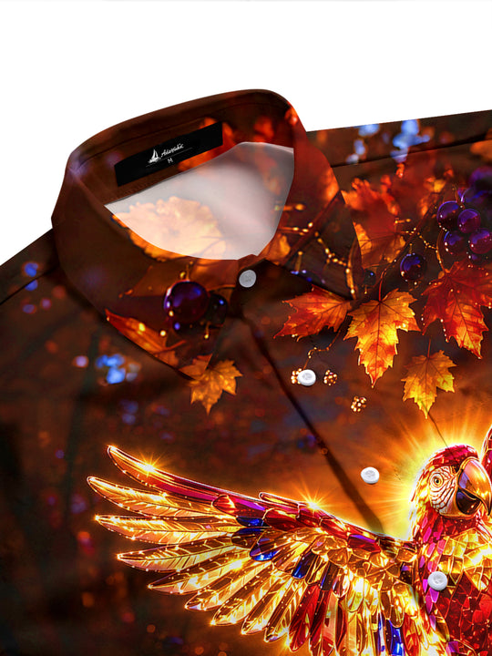 Adaychic Men's Long Sleeve Shirt - Crystal Parrot With Autumn Leaves And Grapes Print with Chest Pocket