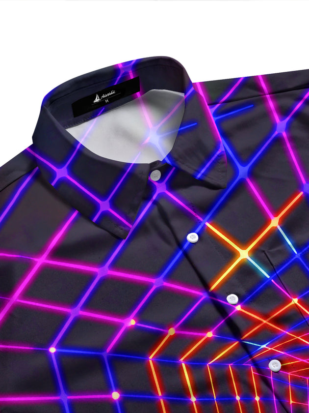 Adaychic Neon Grid Tunnel Men's Long Sleeve Shirt with Chest Pocket