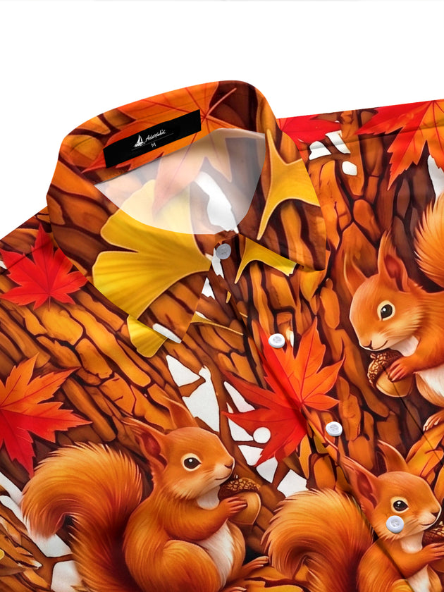 Adaychic Men's Hawaiian Autumn Squirrel Print Short Sleeve Shirt with Chest Pocket