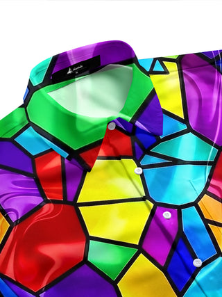 Adaychic Men's Geometric Stained Glass Mosaic Print Short Sleeve Button Down Shirt with Chest Pocket