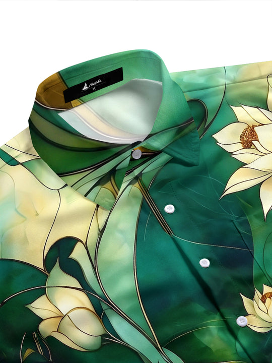 Adaychic Men's Hawaiian White Lotus Flowers Print Short Sleeve Shirt with Chest Pocket