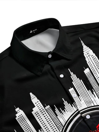 Adaychic Men's Short Sleeve Shirt - City Skyline And Speaker With Musical Notes Print with Chest Pocket