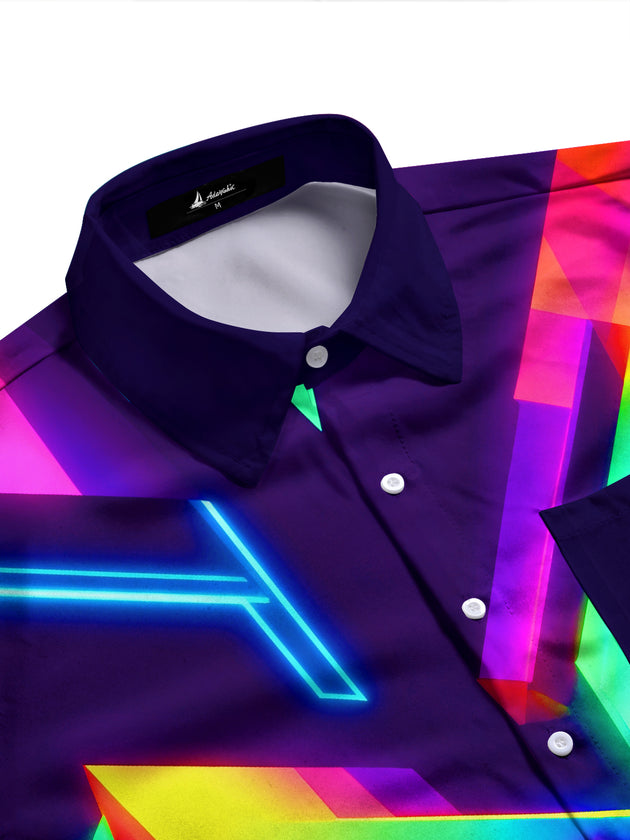 Adaychic Men's Printed Neon Geometric Abstract Lines Print Long Sleeve Shirt with Chest Pocket