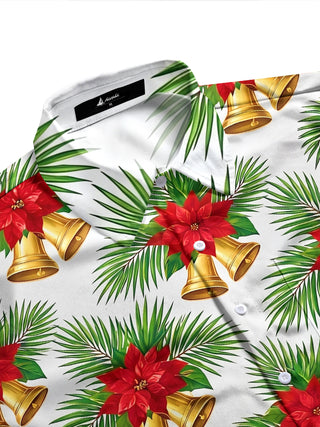 Adaychic Men's Hawaiian Christmas Poinsettia And Bells Print Long Sleeve Shirt