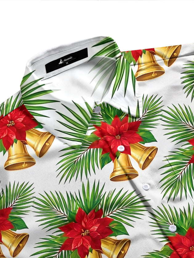 Adaychic Men's Hawaiian Christmas Poinsettia And Bells Print Long Sleeve Shirt