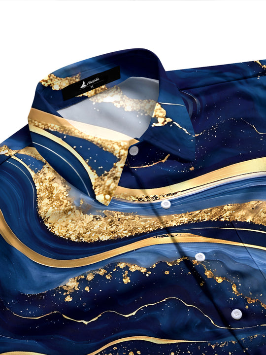 Adaychic Men's Abstract Gold And Blue Marble Waves Print Long Sleeve Shirt with Chest Pocket