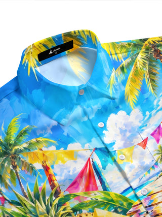 Adaychic Men's Short Sleeve Shirt - Tropical Beach Scene With Xylophone And Fruit Print with Chest Pocket