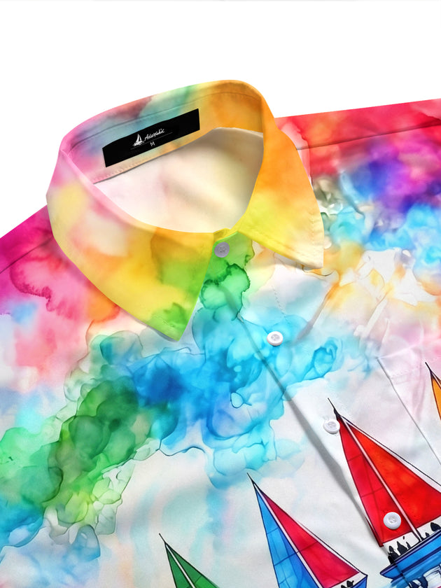 Adaychic Men's Graphic Watercolor Sailboats Print Short Sleeve Shirt with Chest Pocket