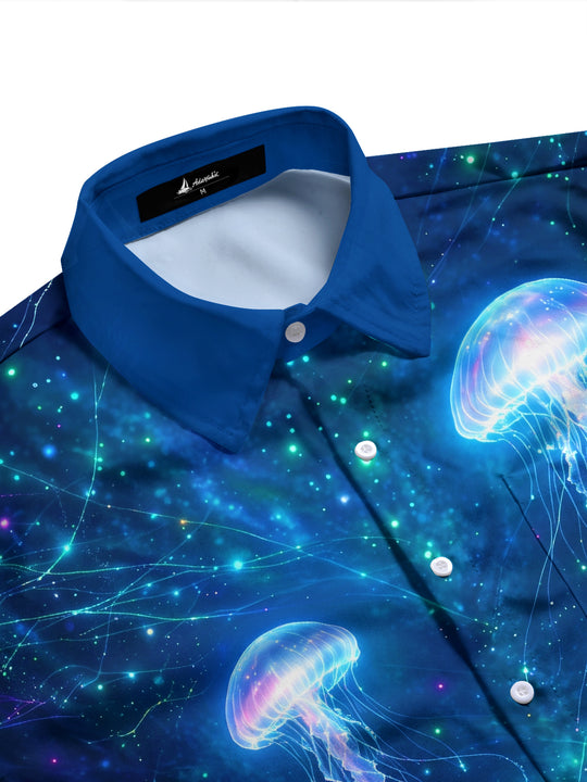 Adaychic Men's Hawaiian Neon Jellyfish And Coral Reef Print Long Sleeve Shirt with Chest Pocket