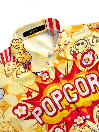 Adaychic Men's Popcorn Cartoon Graphic Print Short Sleeve Button Down Shirt with Chest Pocket