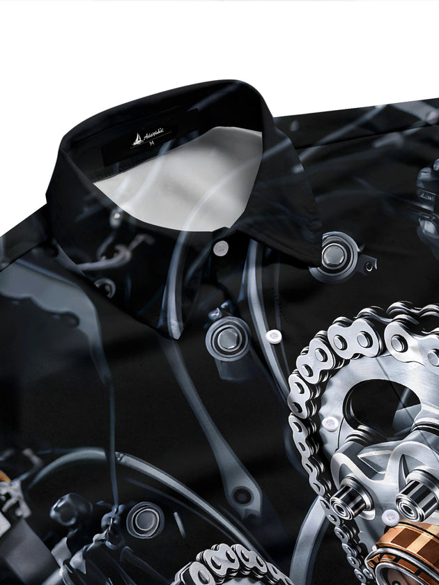Adaychic Men's 3D Mechanical Gears Print Engine Chains Print Long Sleeve Shirt with Chest Pocket