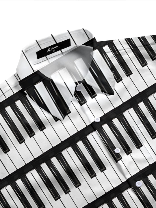Adaychic Men's Graphic Piano Keyboard Print Short Sleeve Shirt with Chest Pocket