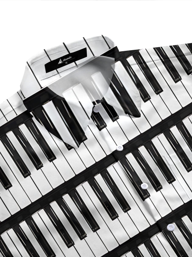 Adaychic Men's Graphic Piano Keyboard Print Short Sleeve Shirt with Chest Pocket