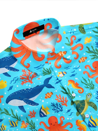 Adaychic Men's Marine Life And Ocean Creatures Print Short Sleeve Shirt with Chest Pocket