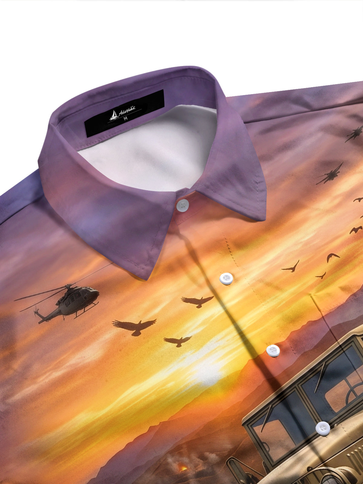 Adaychic Men's Military Truck And Battlefield Sunset Print Long Sleeve Shirt with Chest Pocket