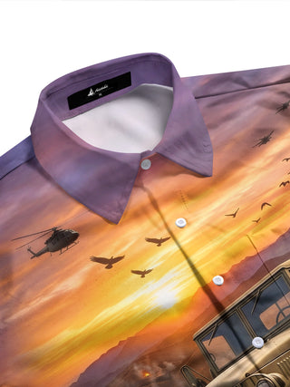 Adaychic Men's Military Truck And Battlefield Sunset Print Long Sleeve Shirt with Chest Pocket