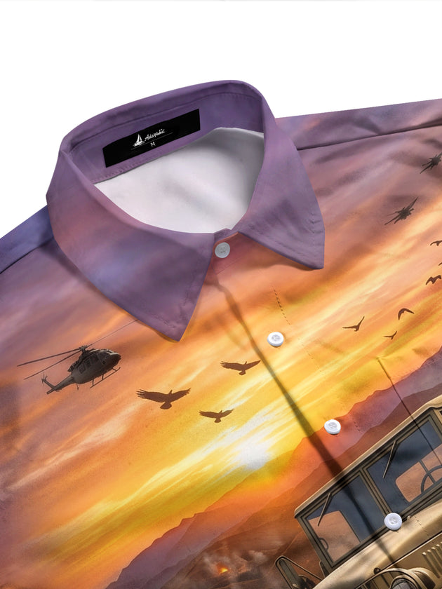 Adaychic Men's Military Truck And Battlefield Sunset Print Long Sleeve Shirt with Chest Pocket