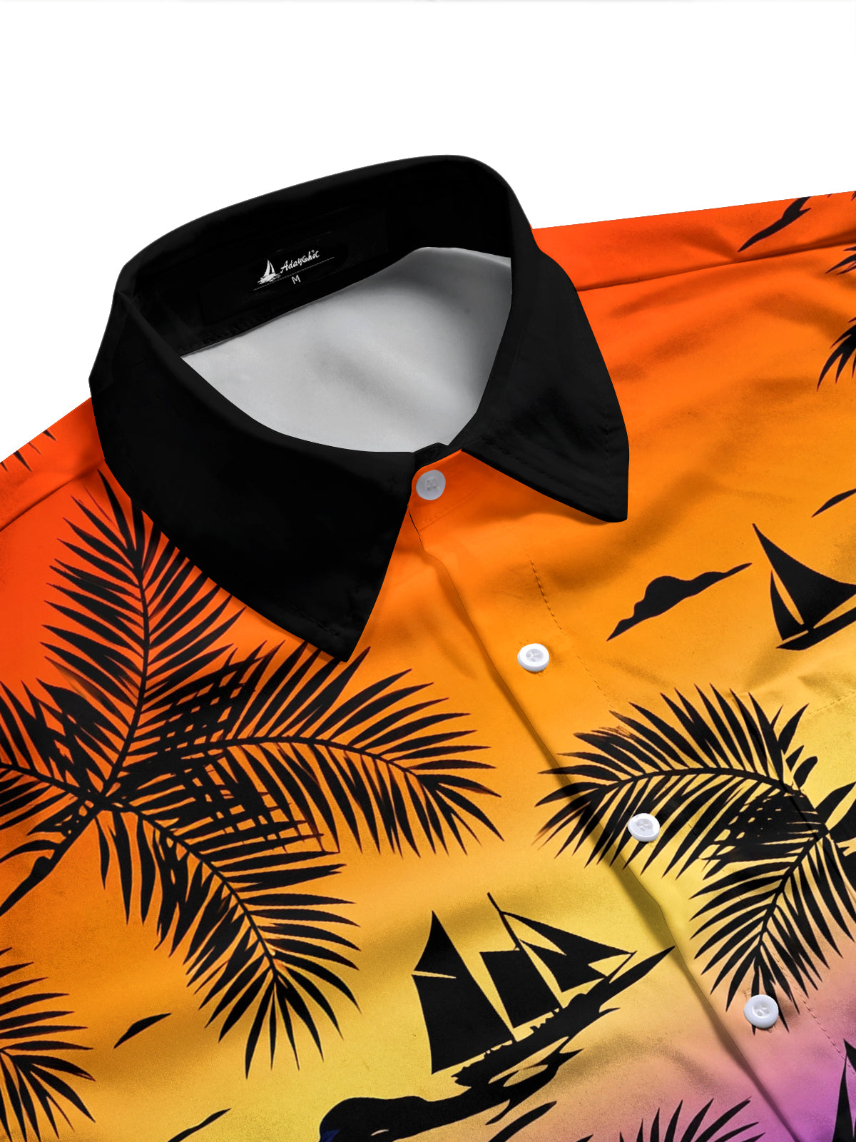 Adaychic Men's Short Sleeve Shirt - Tropical Sunset Sailboats And Palm Leaves Print with Chest Pocket