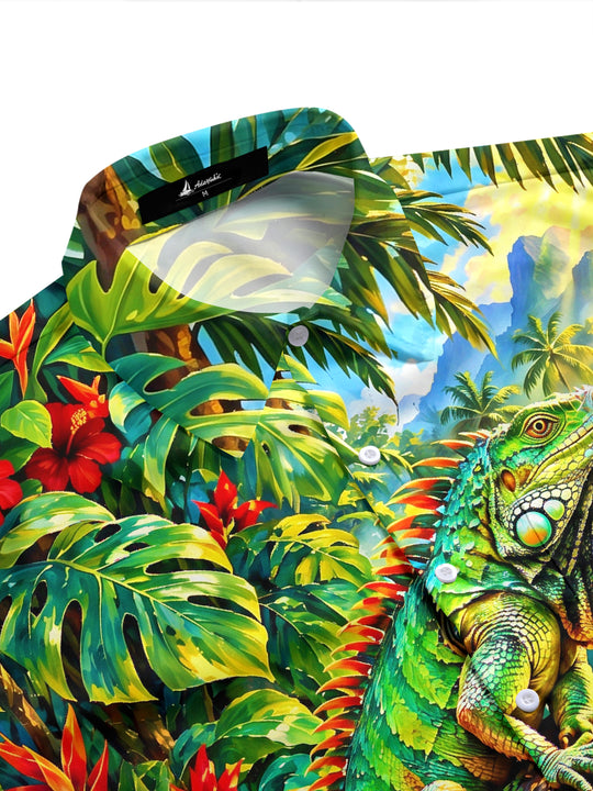 Adaychic Men's Hawaiian Green Iguana On Tree Trunk Print Short Sleeve Shirt with Chest Pocket