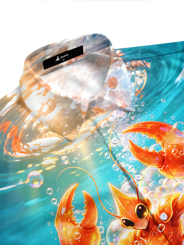 Adaychic Men's Hawaiian Lobster Underwater Scene Print Short Sleeve Shirt with Chest Pocket