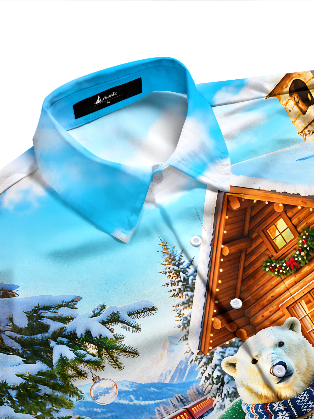 Adaychic Men's Long Sleeve Shirt - Christmas Polar Bear In Winter Cabin Scene Print with Chest Pocket