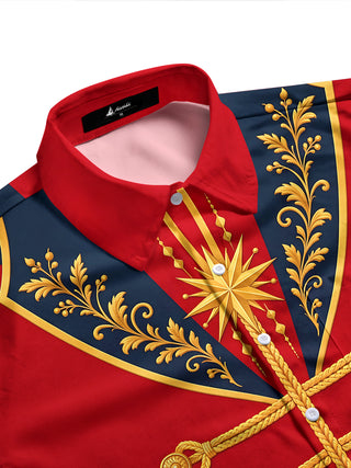 Adaychic Men's Long Sleeve Shirt - Christmas Pine Branches And Berries With Gold Scrollwork Print with Chest Pocket