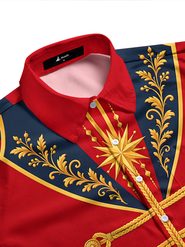 Adaychic Men's Long Sleeve Shirt - Christmas Pine Branches And Berries With Gold Scrollwork Print with Chest Pocket