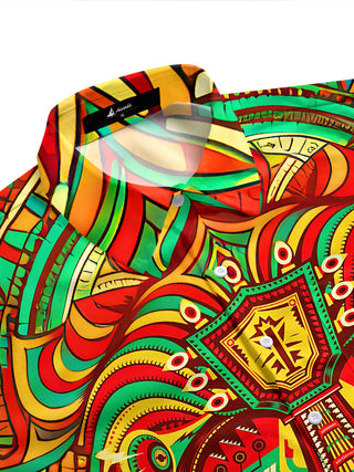 Adaychic Men's Graphic Tribal Totem Face Print Short Sleeve Shirt with Chest Pocket