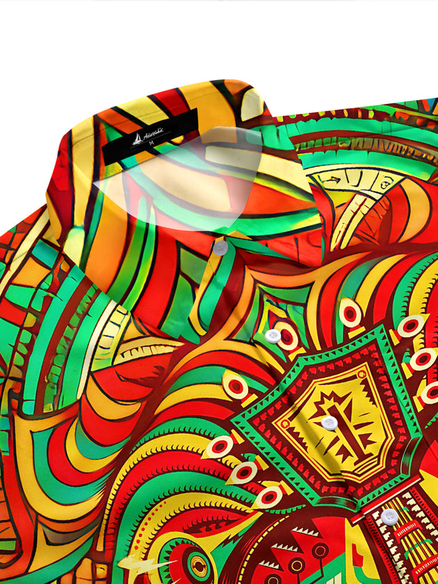 Adaychic Men's Graphic Tribal Totem Face Print Short Sleeve Shirt with Chest Pocket