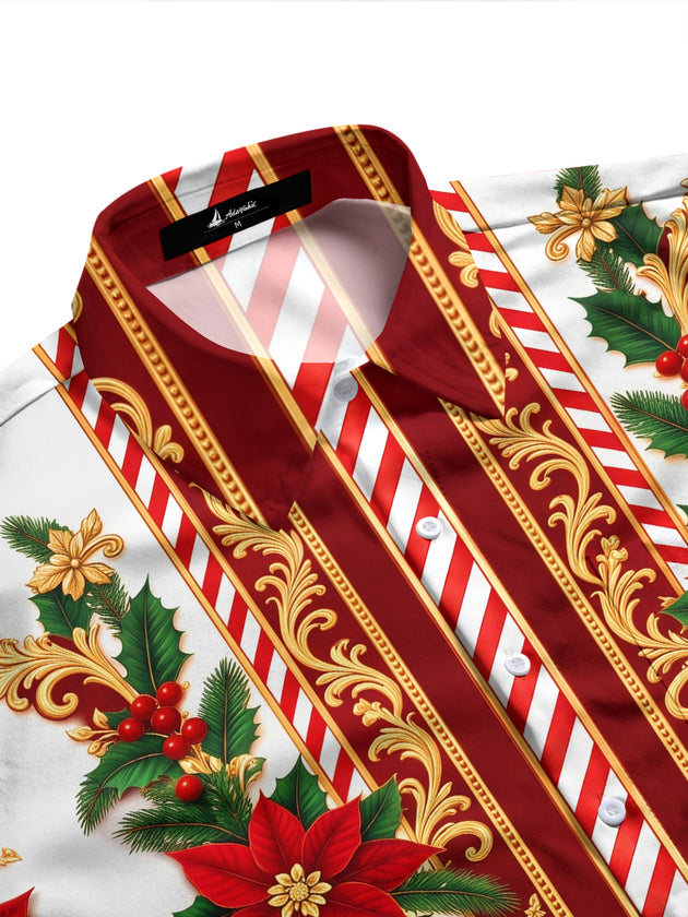Adaychic Men's Long Sleeve Shirt - Poinsettia And Holly With Christmas Ornaments Print with Chest Pocket