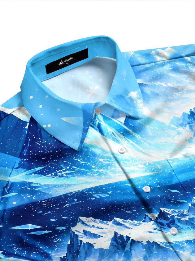 Adaychic Men's Printed Snowy Mountains And Pine Forest Print Long Sleeve Shirt with Chest Pocket