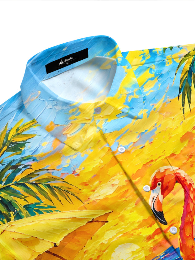 Adaychic Men's Flamingo And Palm Tree Beach Sunset Print Short Sleeve Shirt with Chest Pocket