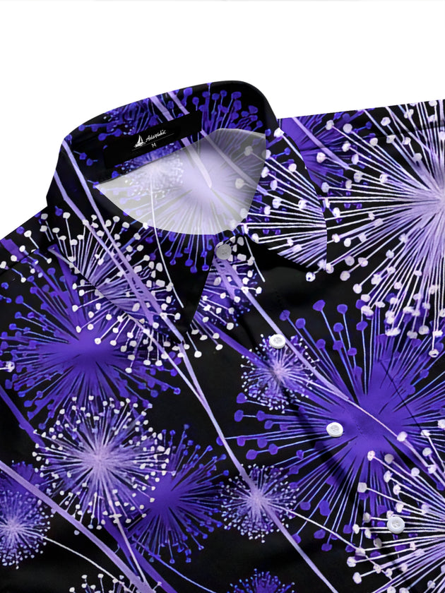 Adaychic Men's Hawaiian Dandelion Floral Print Long Sleeve Shirt with Chest Pocket