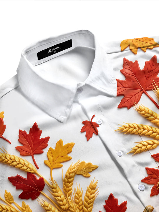 Adaychic Men's Long Sleeve Shirt - Thanksgiving Autumn Harvest Pumpkins And Wheat Sheaves Print with Chest Pocket
