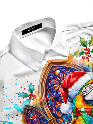 Adaychic Men's Long Sleeve Shirt - Christmas Parrot With Santa Hat And Scarf Print with Chest Pocket