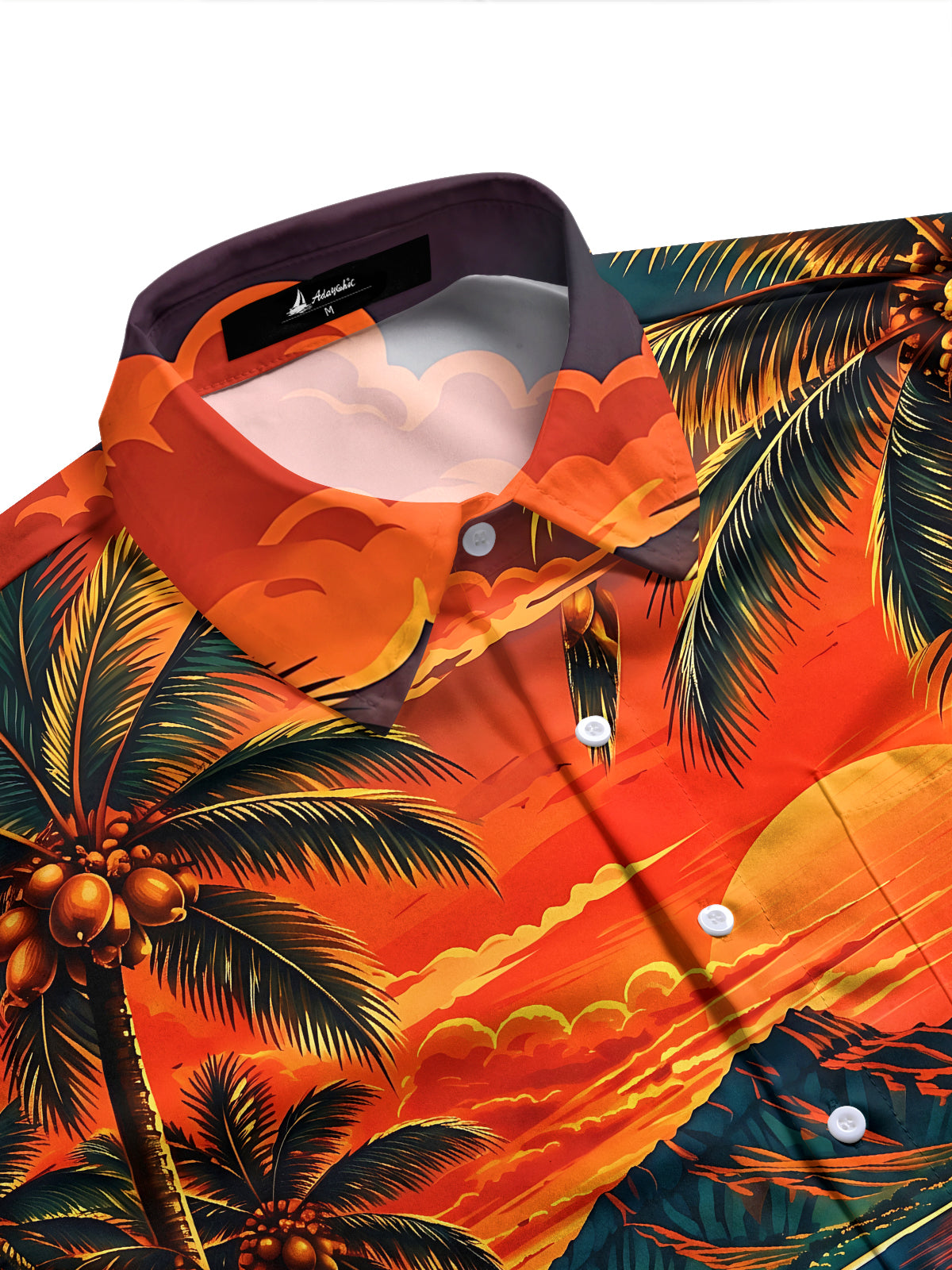 Adaychic Men's Long Sleeve Shirt - Hawaiian Sunset Beach Scene With Palm Trees And Hibiscus Print with Chest Pocket
