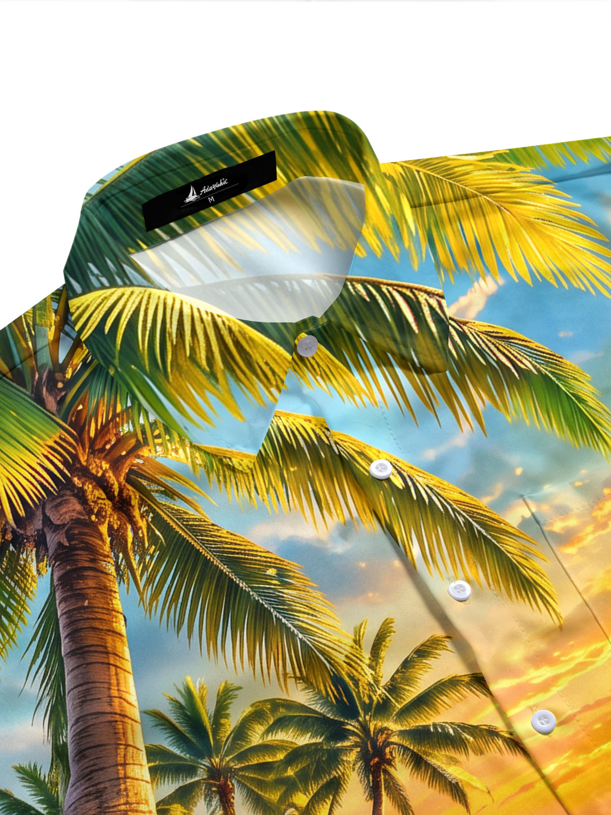 Adaychic Men's Short Sleeve Shirt - Beach Sunset Scenery With Palm Trees And Hibiscus Flowers Print with Chest Pocket