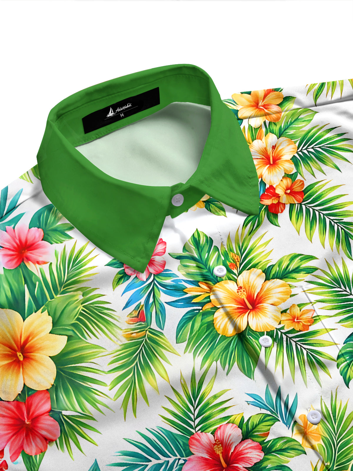 Adaychic Men's Long Sleeve Shirt - Tropical Hibiscus Flowers And Palm Leaves Print with Chest Pocket