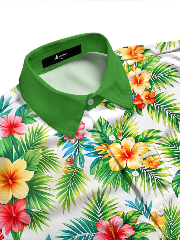 Adaychic Men's Long Sleeve Shirt - Tropical Hibiscus Flowers And Palm Leaves Print with Chest Pocket