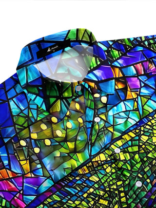 Adaychic Men's Printed Stained Glass Piano Print Short Sleeve Shirt with Chest Pocket