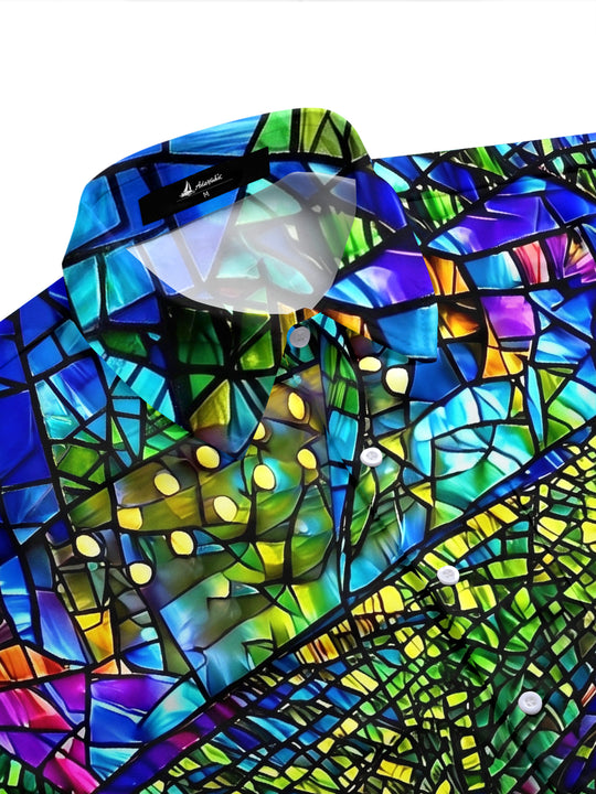 Adaychic Men's Printed Stained Glass Piano Print Short Sleeve Shirt with Chest Pocket