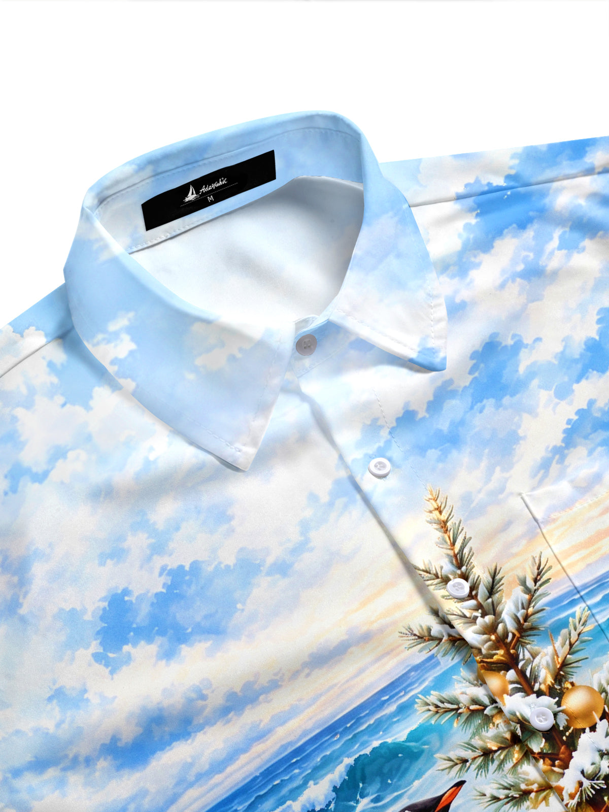 Adaychic Men's Hawaiian Penguins And Christmas Tree Print Short Sleeve Shirt with Chest Pocket